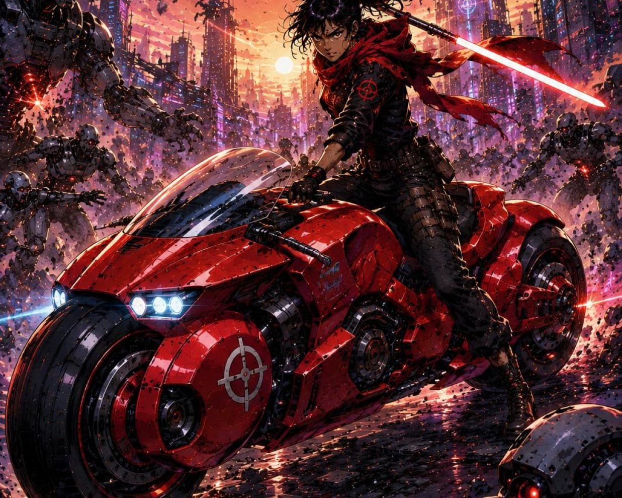 Suri on her motorbike in a neon city at sunset, surrounded by machines.