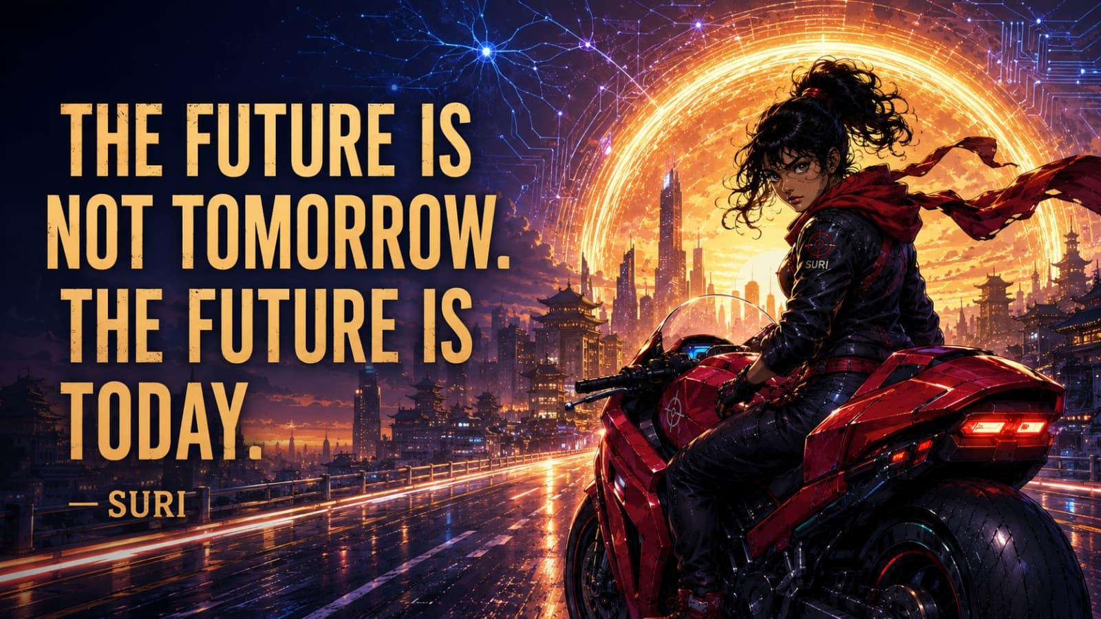 Suri on her motorbike looking back over her shoulder at a glowing city, beside the words: The future is not tomorrow. The future is today.