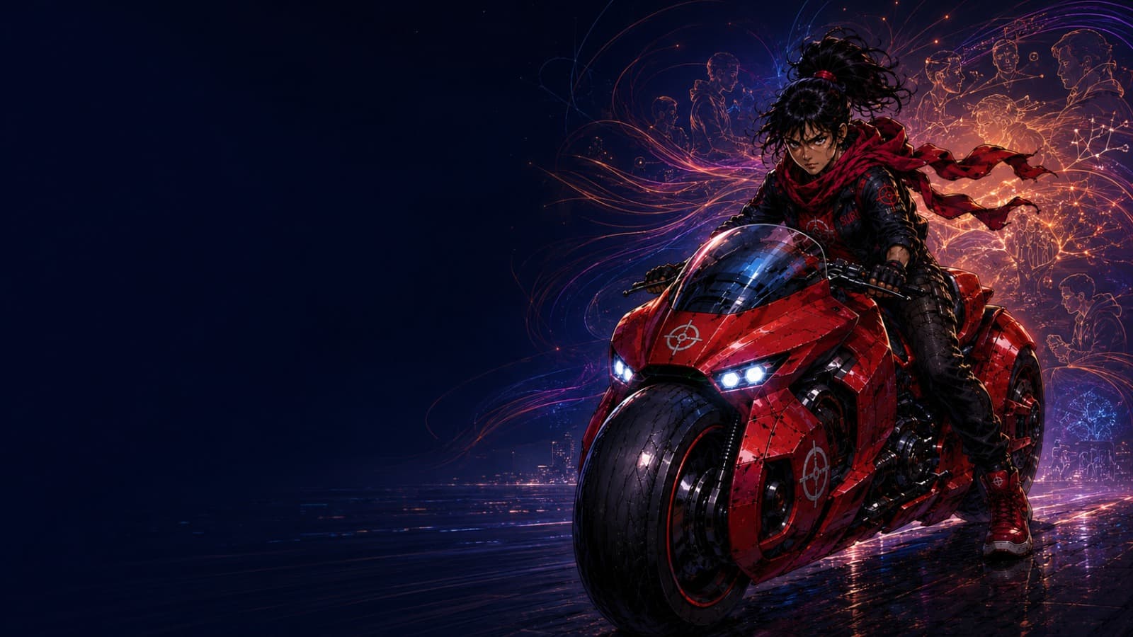 Suri riding a red motorbike through a dark city at night, faces of people drawn in light behind her.