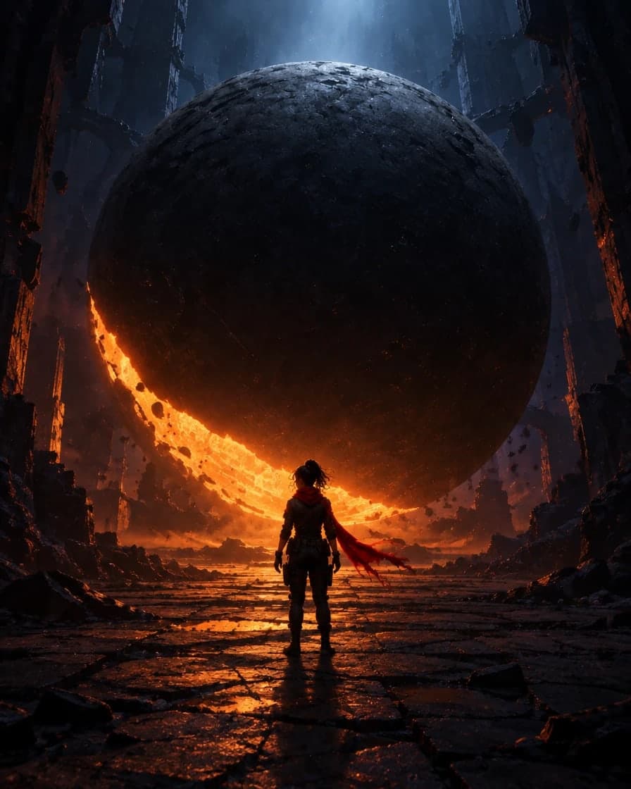 Suri standing alone in a ruined hall before an enormous dark sphere rimmed with molten light, her red scarf the only colour.
